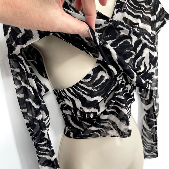 Naked Wardrobe Wrap Top NEW Sz M Style NW-T2128 Black White Zebra Print Sheer - Picture 3 of 9
